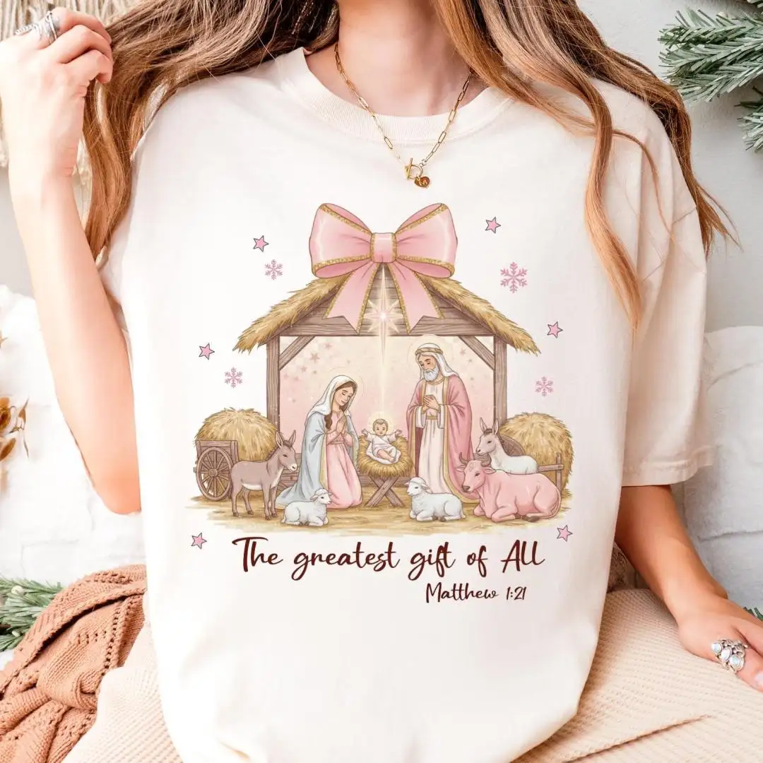 Coquette Christian Xmas Sweatshirt, Bible Verse Matthew Tee, Christian Christmas Gift, Nativity Scene Shirt, The Greatest Gift Of All Shirt