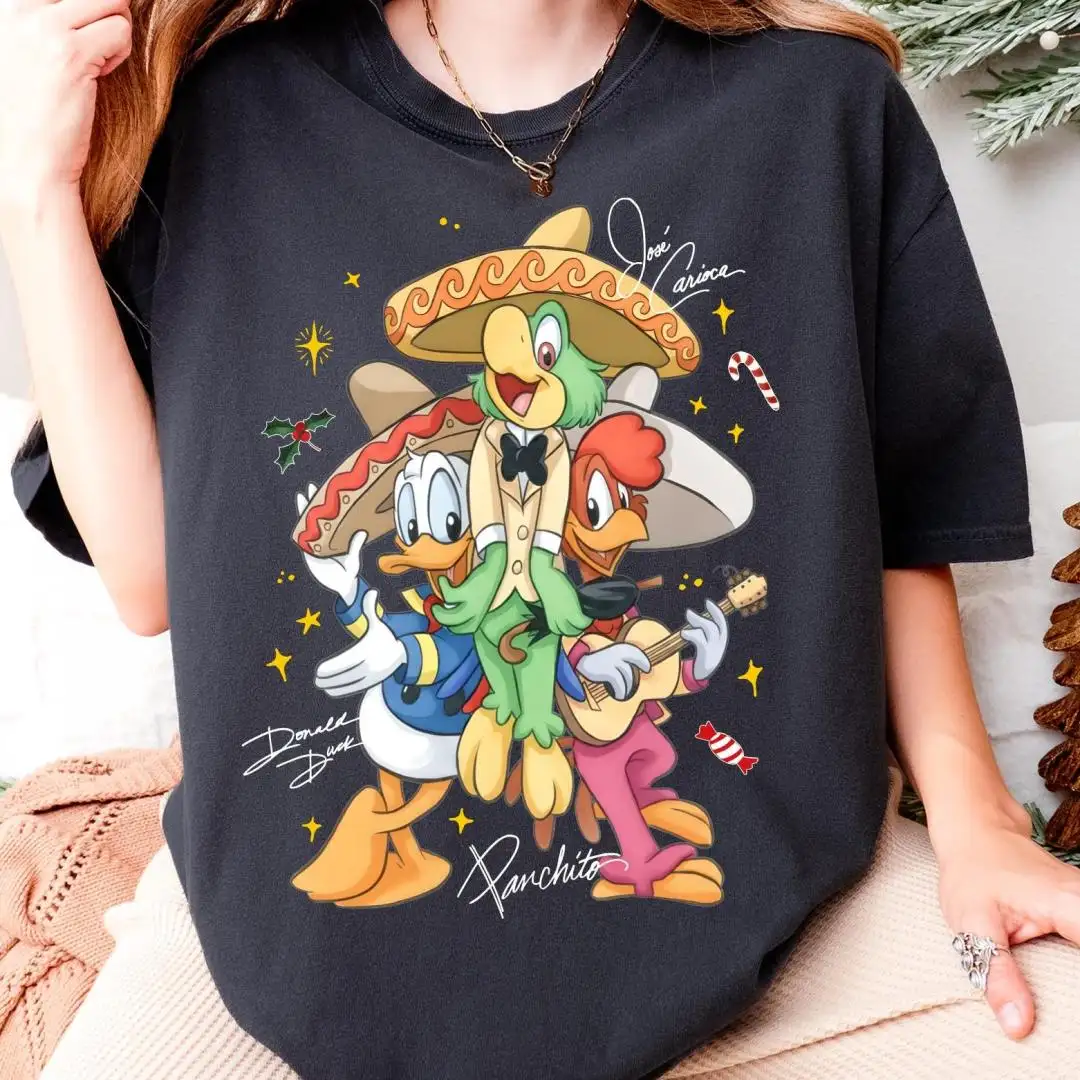 Disney The Three Caballeros Christmas Shirt, Donald Duck Jose Panchito Signature Xmas Tee, Feliz Navidad Christmas Party Gift Sweatshirt