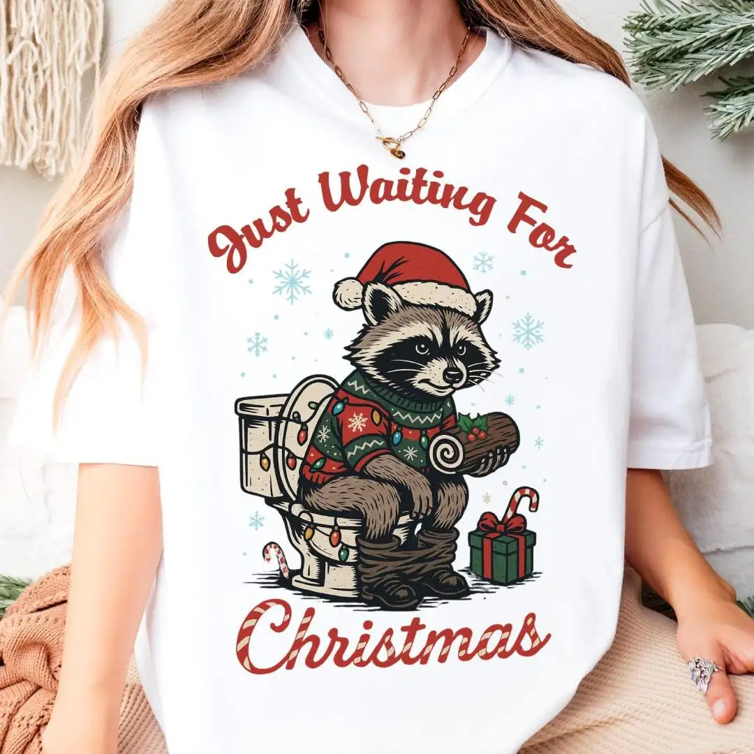 Just Waiting For Raccoon Christmas Shirt, Santa Racoon Tee, Funny Raccoon Christmas Sweatshirt, Xmas Racoon Gift, Xmas Winter Holiday Hoodie