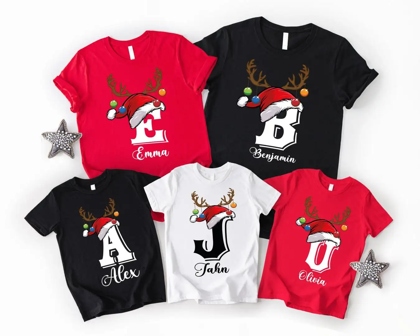 Alphabet Custom Christmas Shirt, Matching Family Christmas Holiday Gift Tee, Name Santa Hat Xmas Sweatshirt, Reindeer Horns Christmas Tees