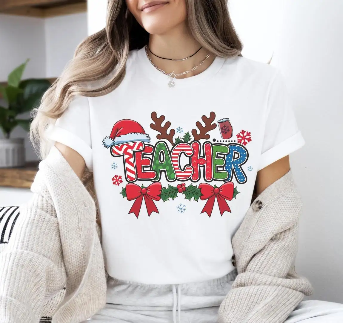 Teacher Christmas T-shirt, Coquette Teacher Christmas Tee, Christmas Teacher Gift, Reindeer Teacher Crew Hoodie, Santa Teacher Sweatshirt