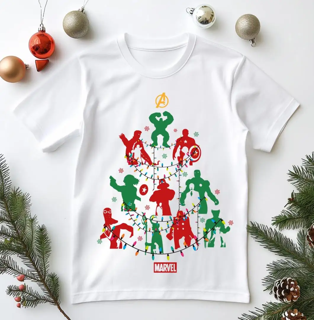 Marvel Avengers Christmas Tree Toddler T-Shirt, Super Hero Xmas Shirt, Disneyland Xmas Holiday Tee, Hulk Captain America Xmas Lights Tee