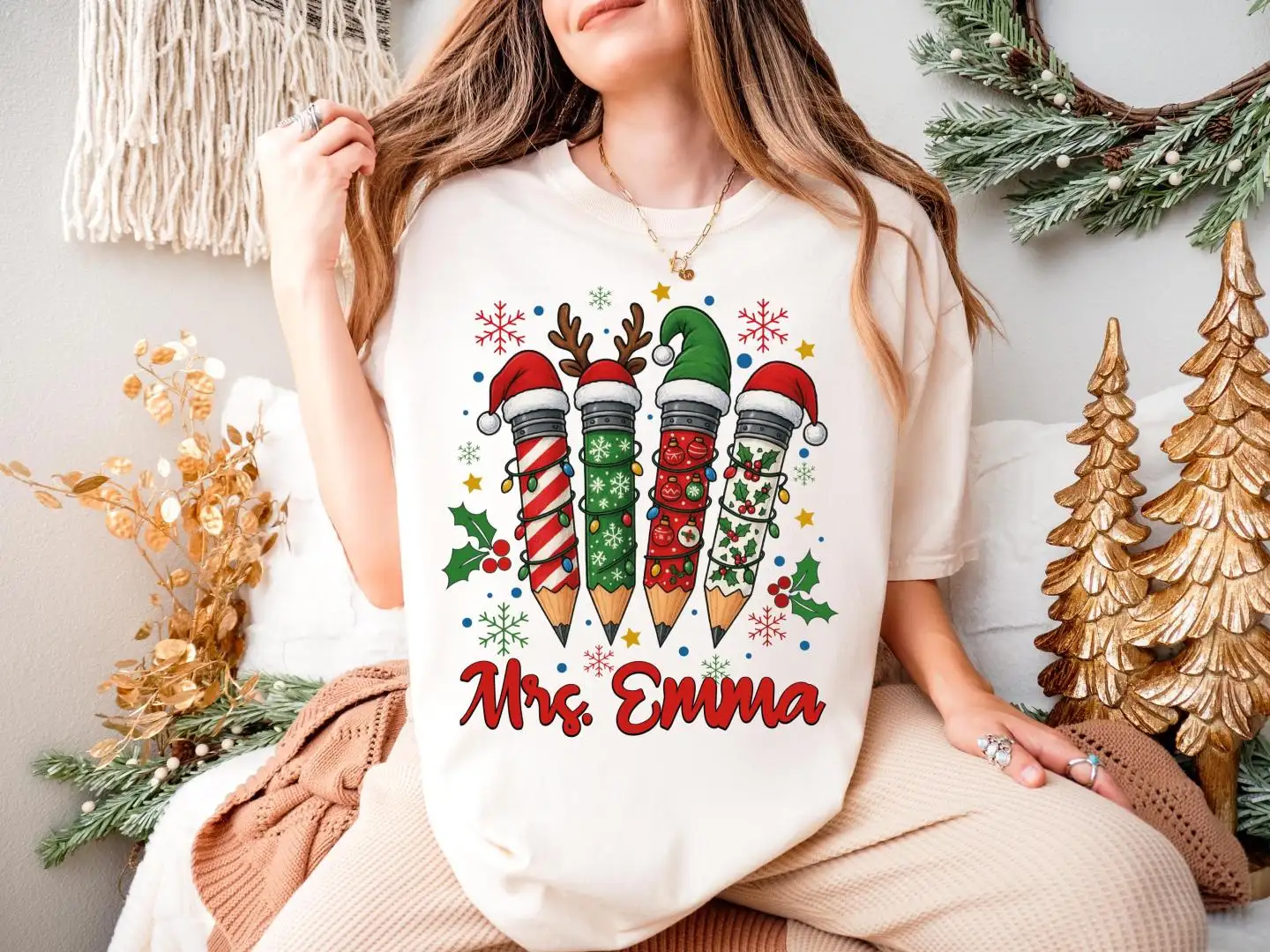 Custom Christmas Teacher Shirt, Winter School Tee, Christmas Gift for Teacher, Christmas School Party Teacher Tee, Teacher Xmas Pencil Tee