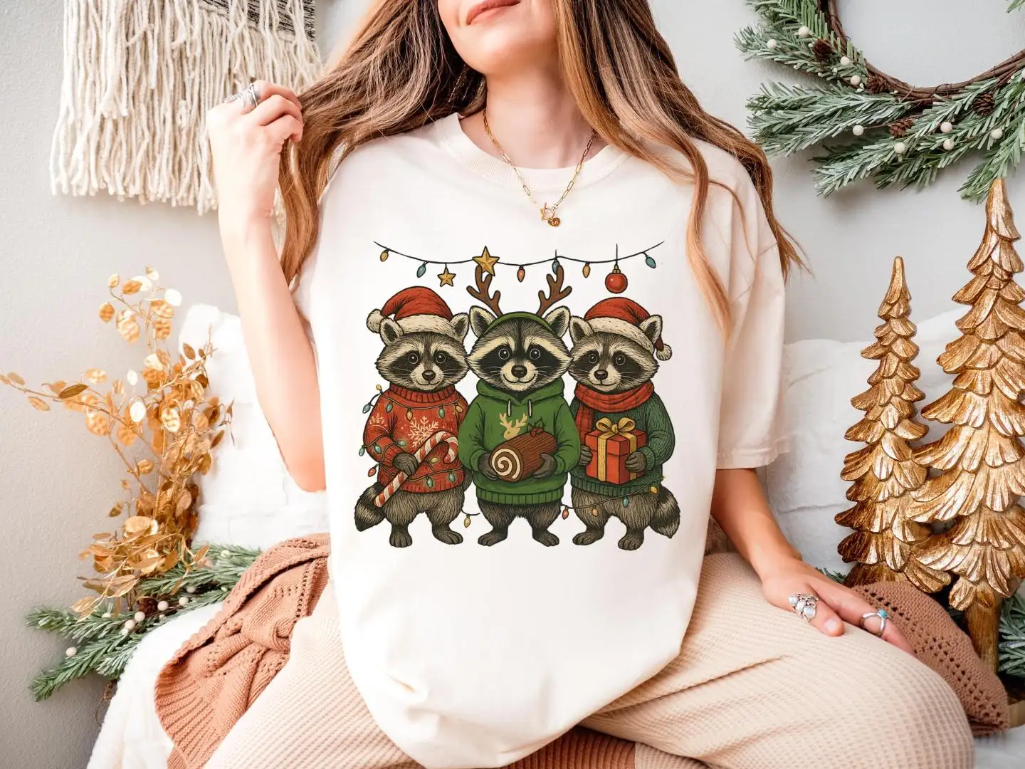 Christmas Racoons Sweatshirt, Happy Xmas Hoodie, Funny Christmas Lights Racoon Tee, Retro Racoons Xmas Shirt, Xmas Racoon Holiday Gift