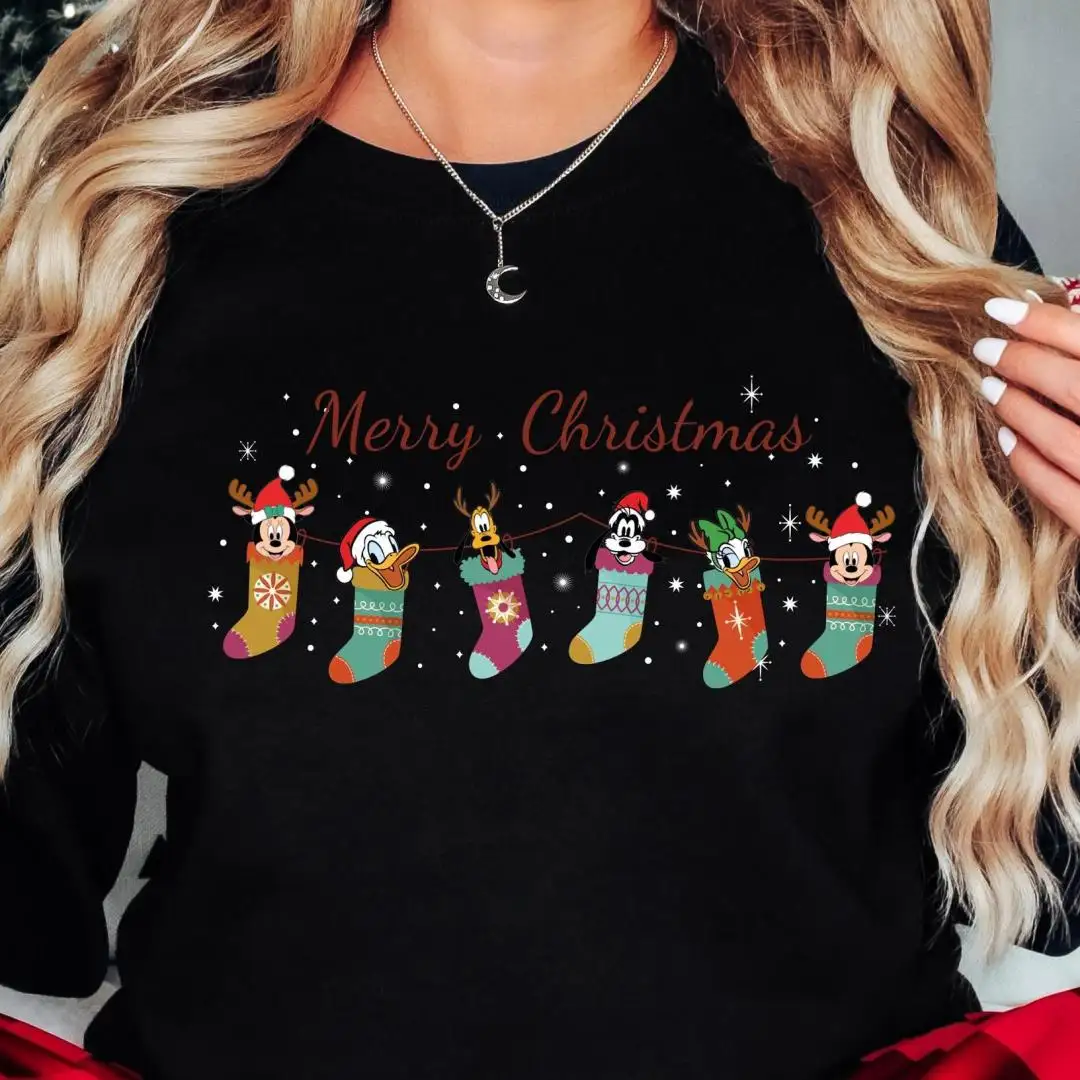 Mickey & Friends Merry Christmas Shirt, Disney Happy Christmas T-Shirt, Disneyland Christmas Lights Holiday Tee, Mickey Xmas Sock Sweatshirt