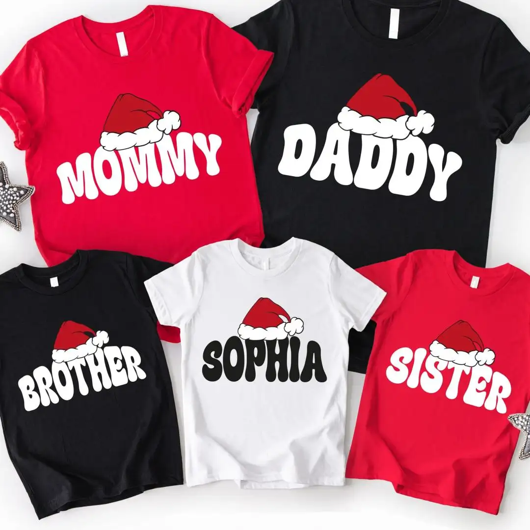 Custom Family Christmas Shirt, Brother Xmas Shirt, Sister Claus Sweatshirt, Mommy Daddy Xmas Hat T-Shirt, Christmas Crew Holiday Tee