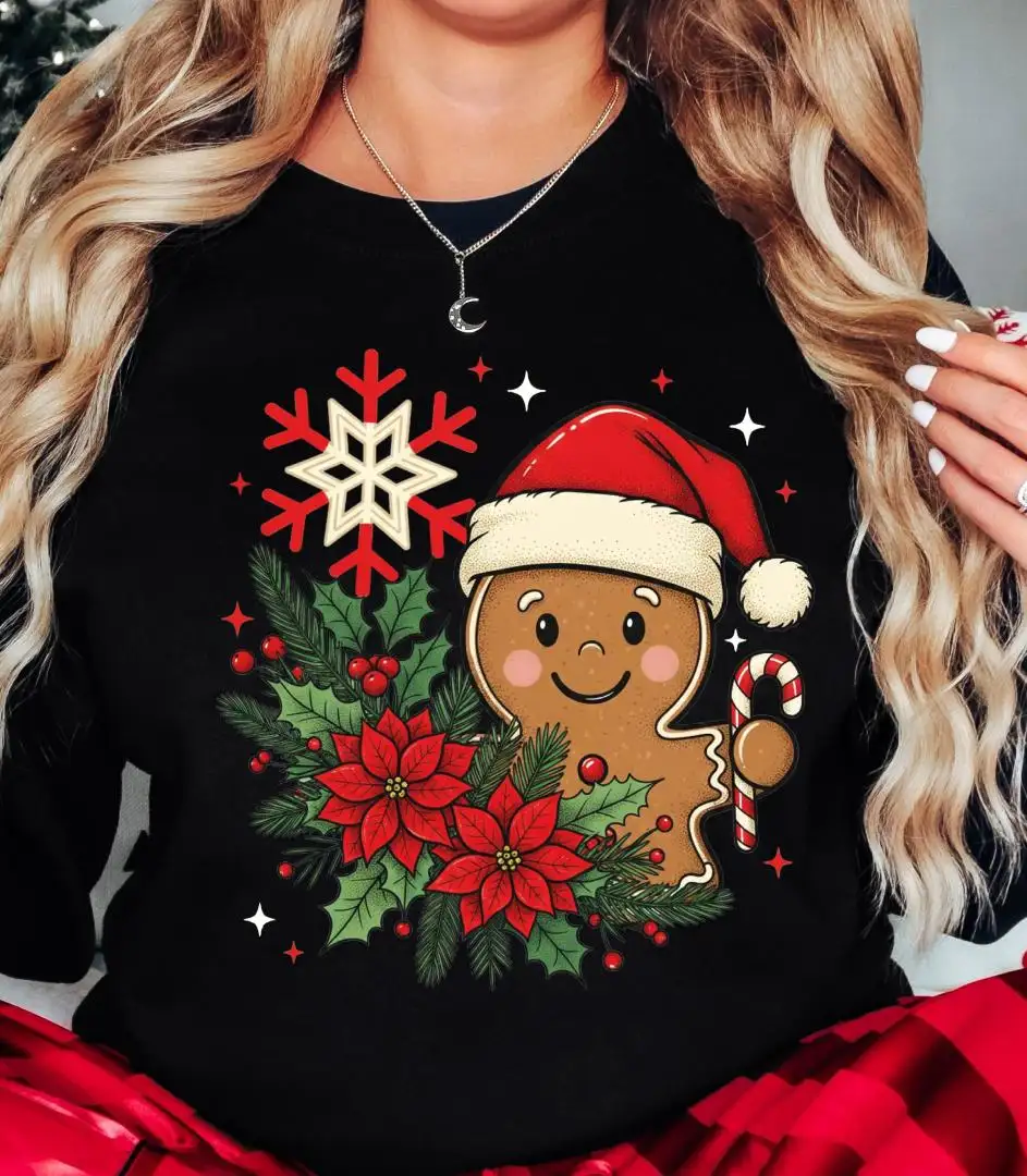 Retro Gingerbread Christmas Shirt, Gingerbread Man Xmas Sweatshirt, Santa Gingerbread Xmas Gift, Floral Christmas Holiday Hoodie