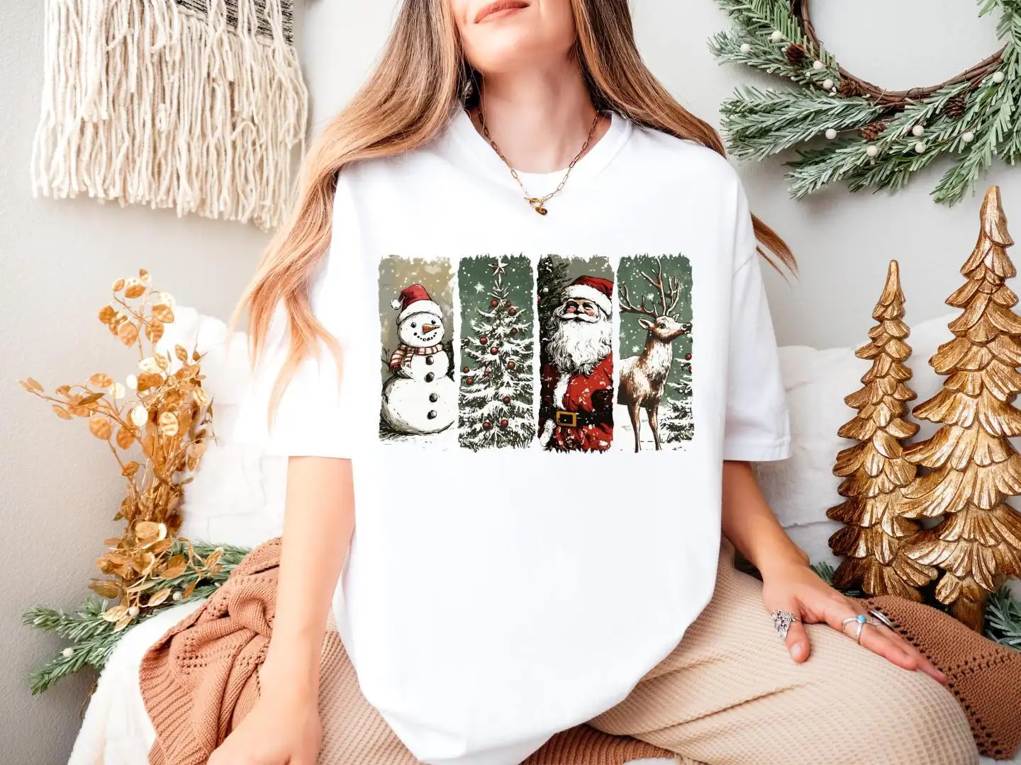 Santa Christmas Shirt, Xmas Tree Sweater, Family Holiday Shirt, Snowman And Deer Xmas Sweatshirt, Christmas Party Shirt, Winter Family Shirt