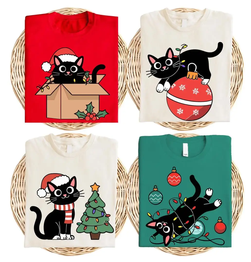 Black Cat Christmas Shirt, Meowy Xmas Lights Sweatshirt, Kitten Xmas Tree T-Shirt, Veterinarian Xmas Tee, Funny Cats Family Xmas Shirt
