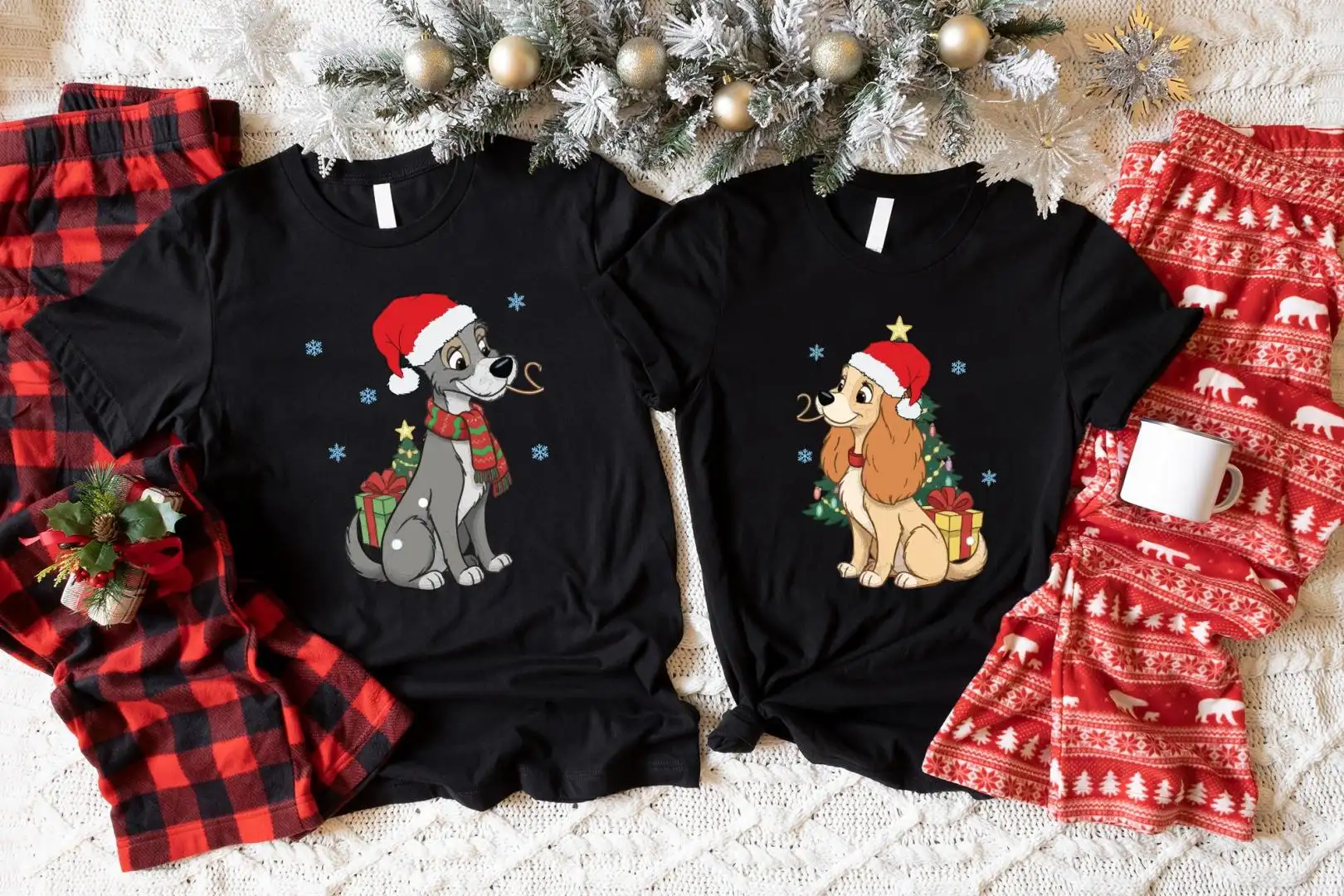 Disney Lady and The Tramp Christmas Shirt, Disneyland Dogs Holiday Sweatshirt, XMAS Family Matching Sweater, Spaghetti Kiss Couple Tee