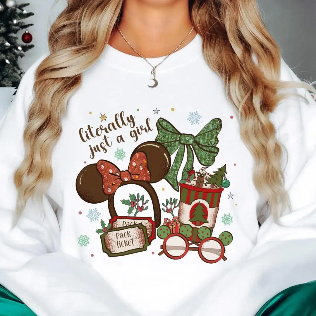 Disney Merry Christmas Minnie Sweatshirt, Girly Xmas Gift, Disneyland Xmas Party Hoodie, Coquette Bow Literally Just A Girl Christmas Shirt