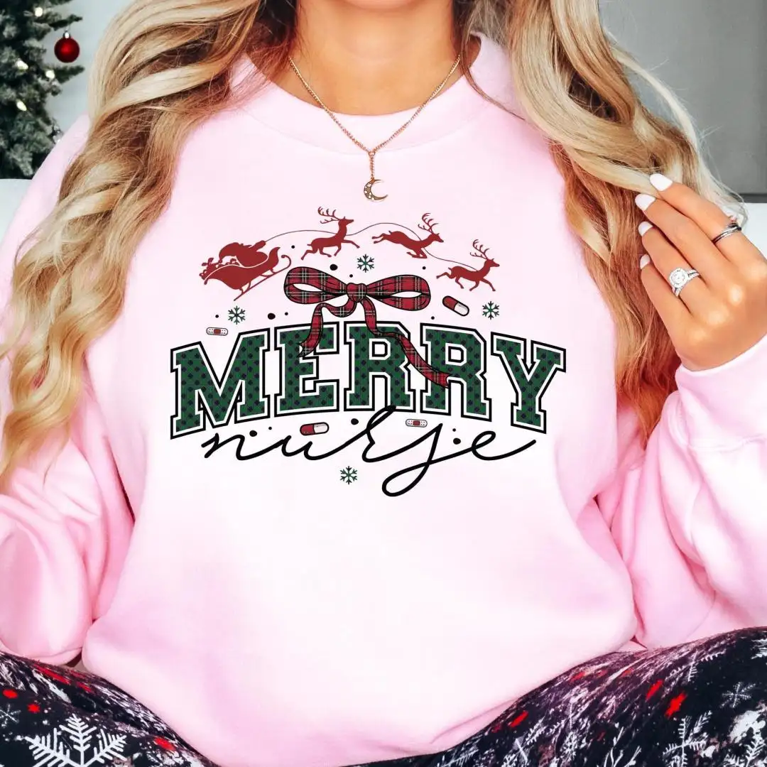 Merry Nurse Christmas Sweatshirt, Xmas Reindeer Nurse Tee, Merry Xmas Shirt, Registered Nurse Christmas Tee, Nurse Holiday Hoodie
