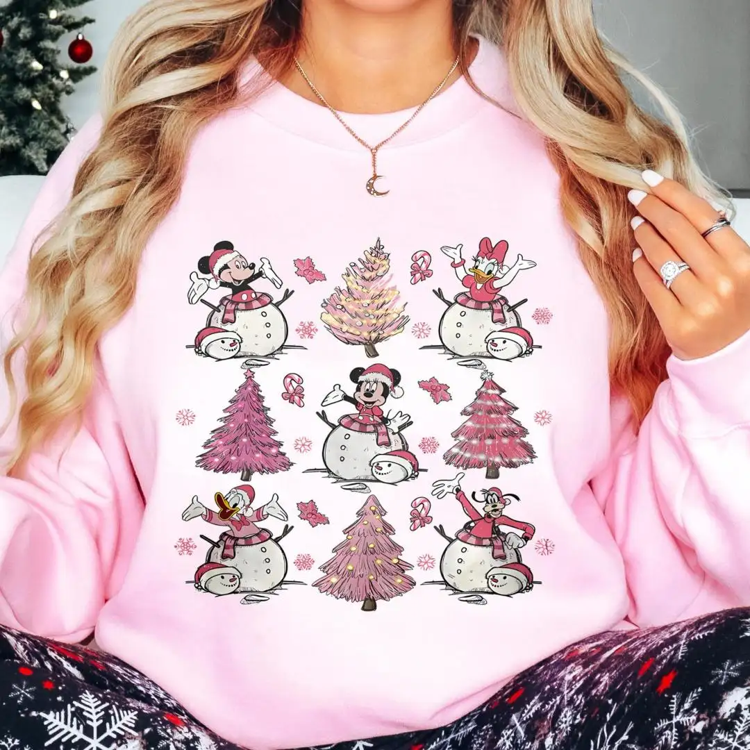 Disney Snowman Pink Xmas Shirt, Minnie Christmas Gift, Pink Xmas Tree Tee, Girls Disneyland Xmas Trip, Mickey Friends Christmas Shirt