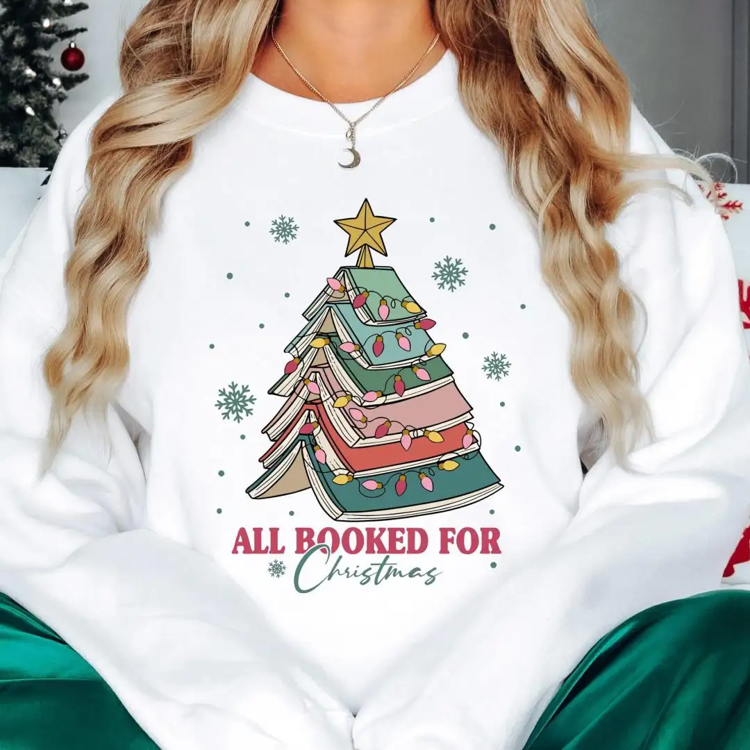 All Booked For Christmas Shirt, Christmas Lights Tee, Bookworm Xmas Shirt, Book Lover Christmas Gift, Book Christmas Tree Sweatshirt