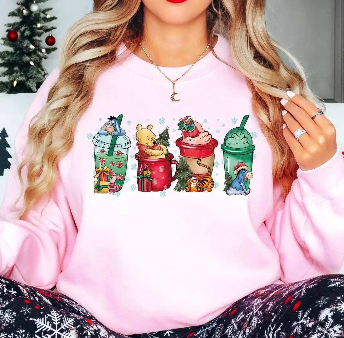 Winnie The Pooh Christmas Cup Shirt, Tigger & Piglet Christmas Drinking Tee, Eeyore Coffee Latte Lover Xmas Tee, Disney Pooh Bear Xmas Shirt