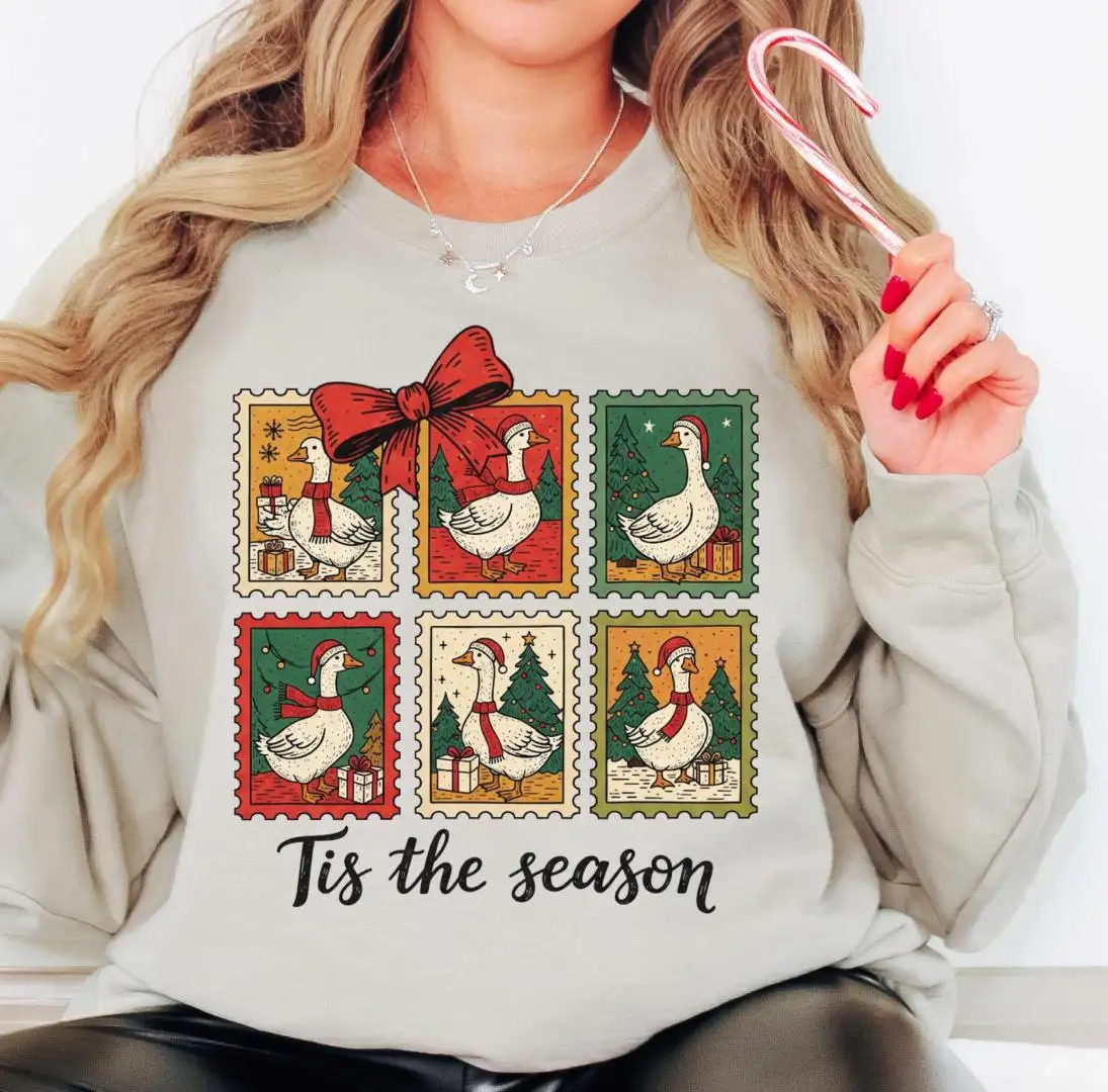 Tis The Season Goose Christmas Shirt, Coquette Bow Xmas Holiday Hoodie, Christmas Goose Postage Stamp Tee, Silly Goose Xmas Sweatshirt