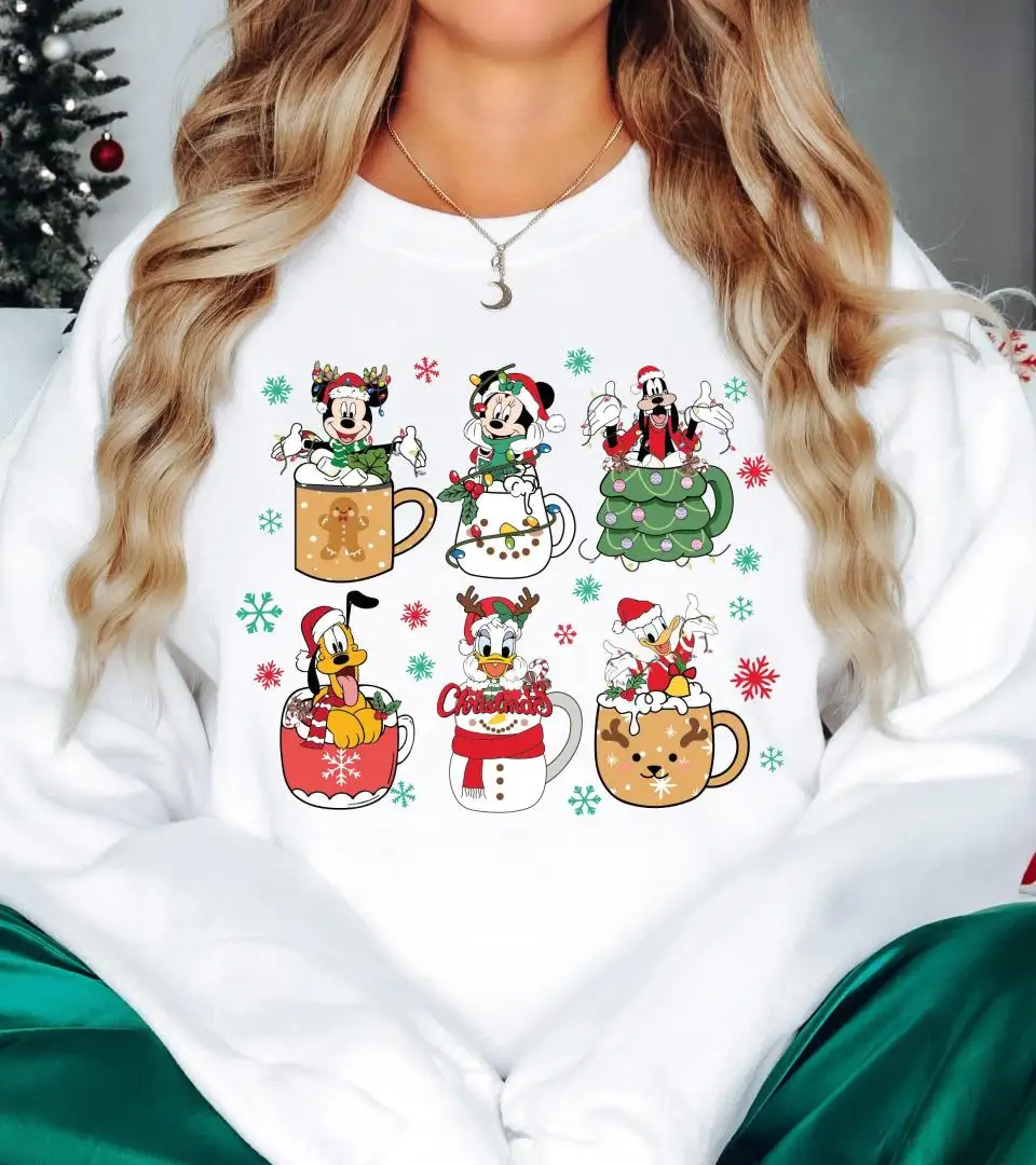 Mickey & Friends Christmas Tea Cup Shirt, Daisy And Donald Xmas Coffee Tee, Disney Christmas T-Shirt, Christmas Family Holiday Sweatshirt