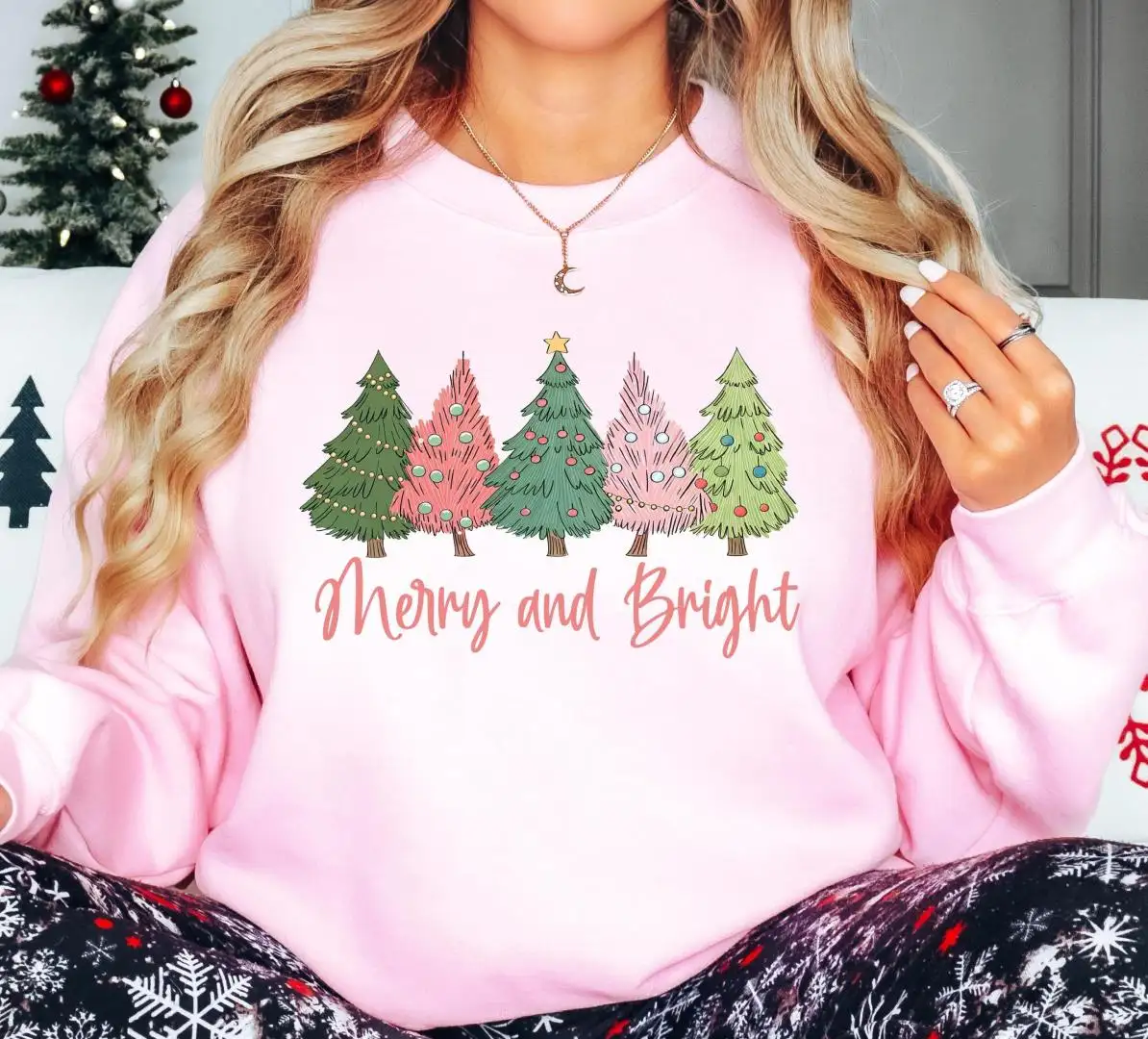 Merry And Bright Christmas Trees Shirt, Womens Christmas 2025 Tee, Christmas Holiday Gift, Xmas Trees Sweatshirt, Merry Xmas Hoodie