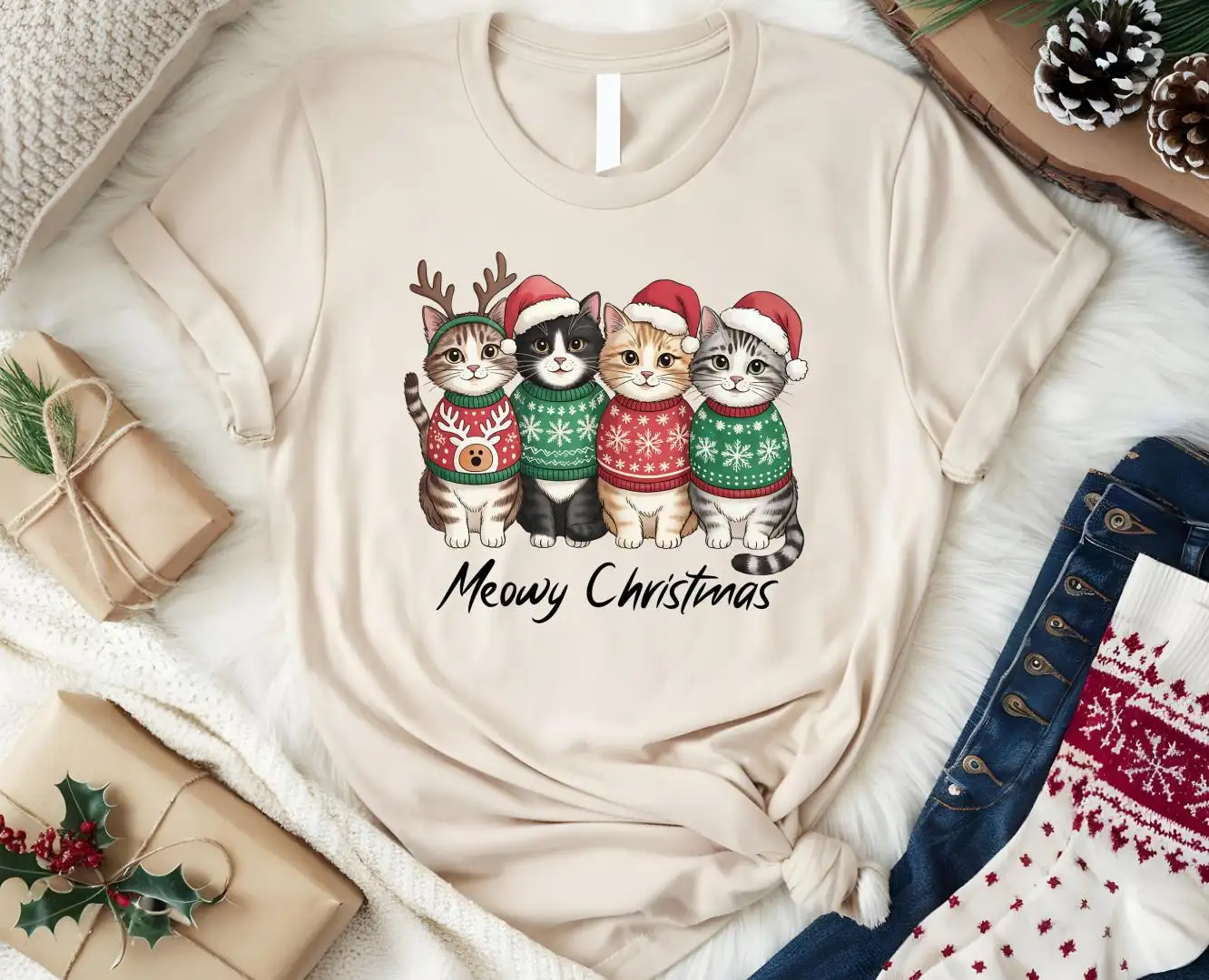 Meowy Christmas Shirt, Cute Cats Shirt, Christmas Sweatshirt, Christmas Cat Shirt, Christmas Gift For Cat Lover, Christmas Cat Mom Sweater