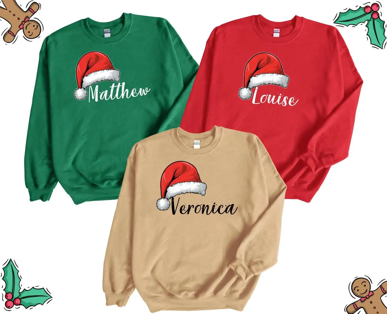 Personalized Santa Hat Sweatshirt, Matching Christmas Tees, Custom Family Christmas Tee, Personalized Name Christmas Family Sweater