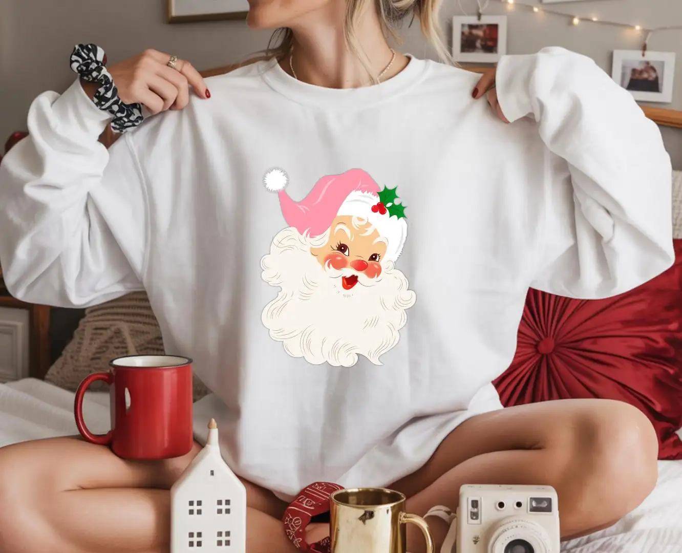 Retro Pink Santa Sweatshirt, Cute Santa Shirt, Pink Vintage Holiday Christmas Shirt, Pink Christmas Shirt, Santa Sweatshirt