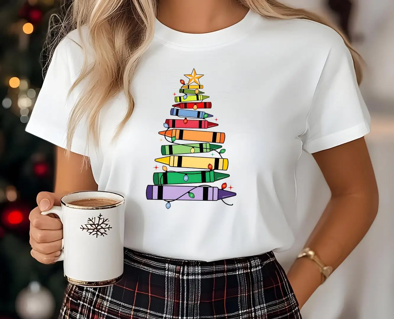 Christmas Teacher Crayon Shirt, Teacher's Day Gift, Teacher Xmas Tee, Crayons Christmas Tree Shirt, Preschool Teacher Sweaters