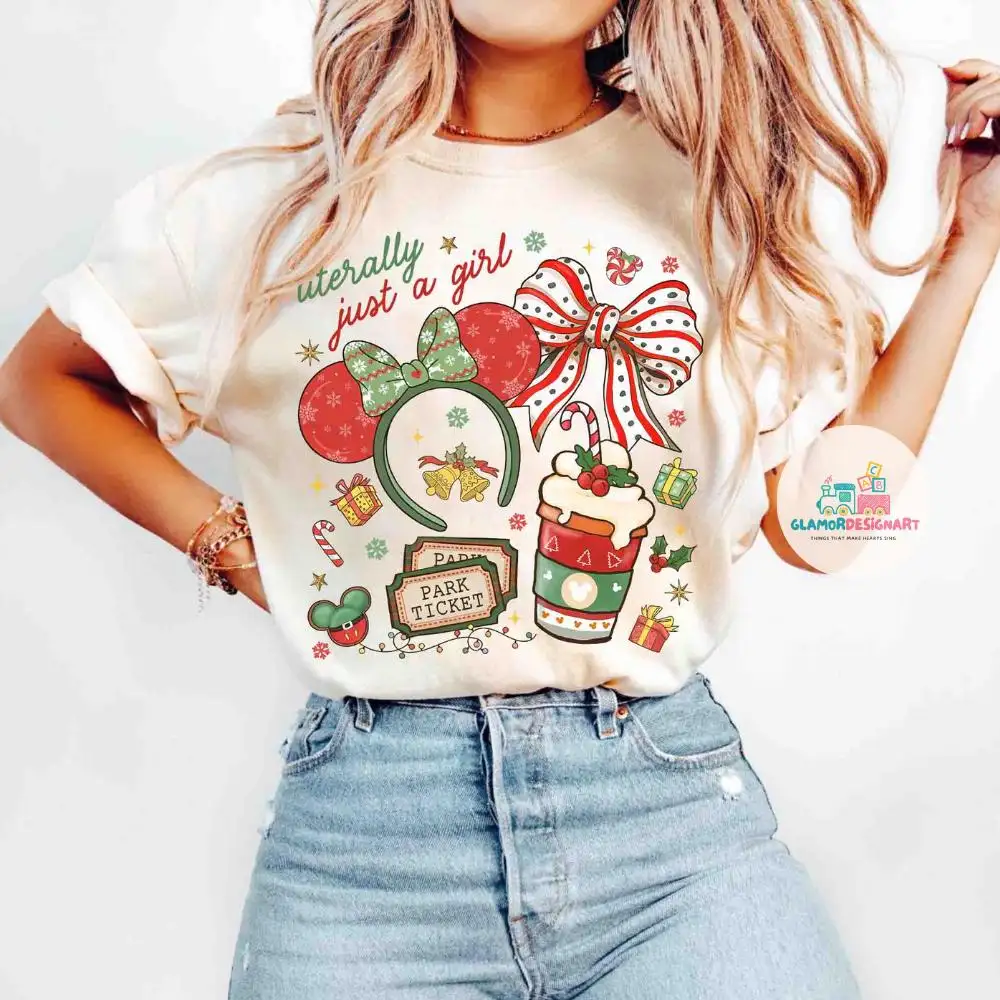Disney Literally Just A Girl Christmas Shirt Minnie Bow Coffee Tee, Disney Merry Christmas Shirt Disneyland Christmas Tee Disney Girl's Trip