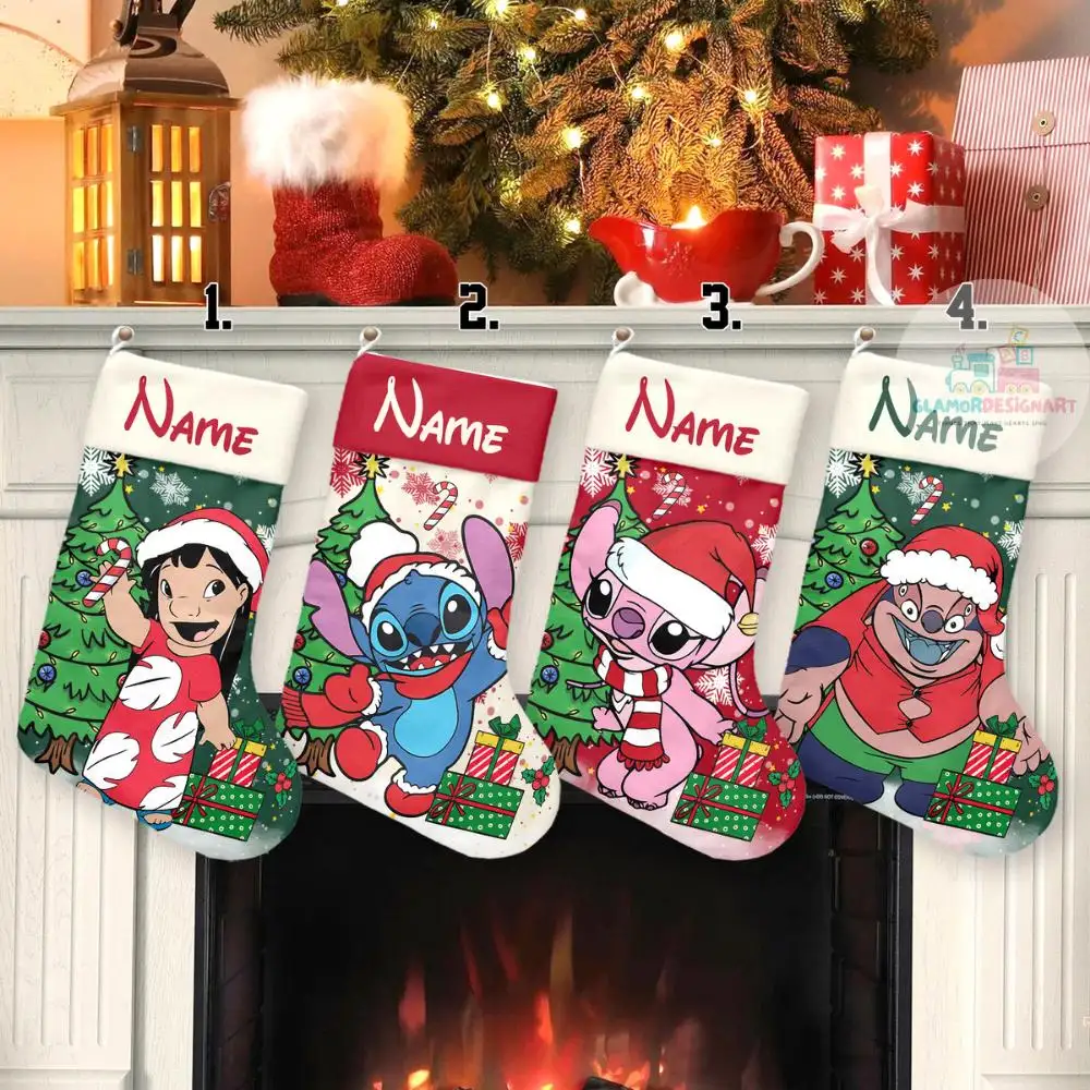 Personalized Disney Stitch Christmas Stockings, Lilo & Stitch Christmas Stockings With Name, Stitch Angel Christmas Socks Stitch Stocking