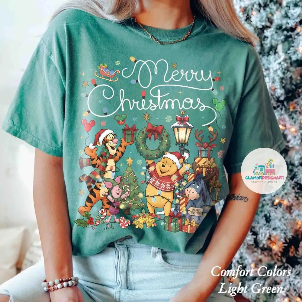 Disney Winnie the Pooh Christmas Comfort Colors Shirt, The Pooh Eeyore Tigger Piglet Christmas Sweatshirt, Disney Christmas Party Tee