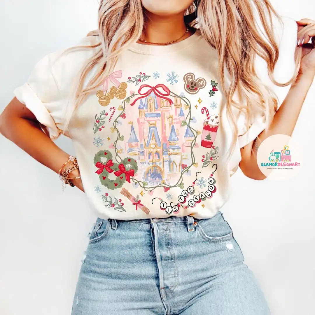 Coquette Bow Disney Castle Christmas Shirt, Magic Kingdom Mickey's Very Merry Christmas Party Shirt, Disney Christmas Disney Trip Shirt