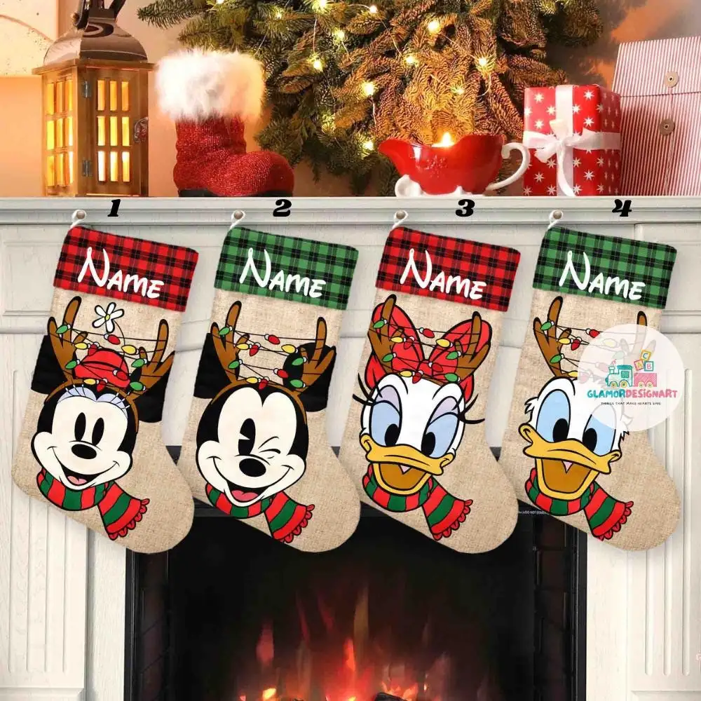 Custom Disney Christmas Stocking, Personalized Name Stockings, Mickey Minnie Donald Daisy Goofy, Plaid Mantel Decor, Fireplace Gift Stocking