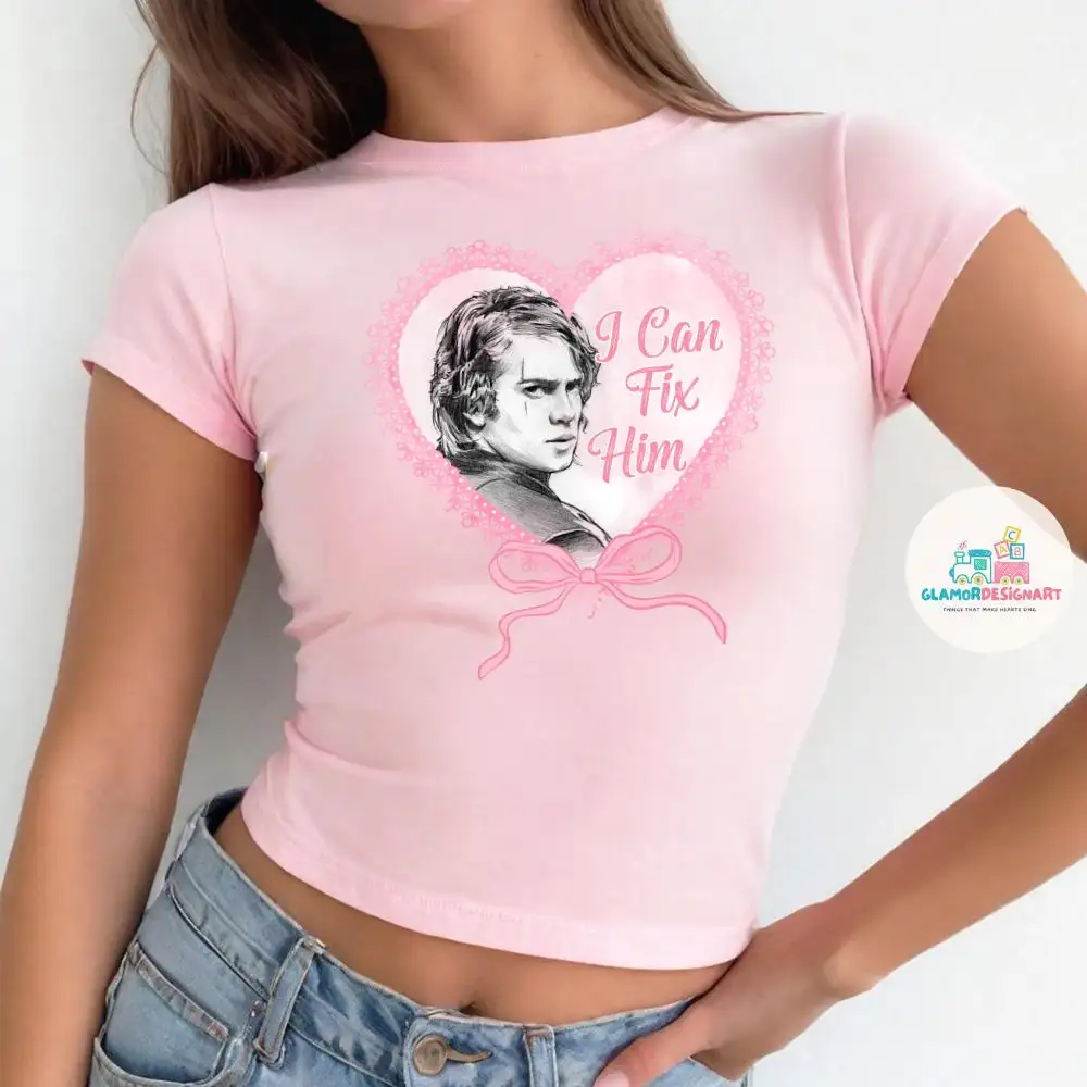 Pink Coquette Bow Star Wars Anakin Skywalker I Can Fix Him Baby Tee Croptop Tank, May the Forth Be With You, Galaxy's Edge Disney T-shirt