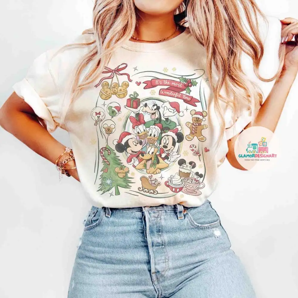 Retro Disney Santa Mickey And Friends Shirt, It's The Most Wonderful Time Disney 2025 Shirt, Disneyland Vacation Family Matching Trip Shirt