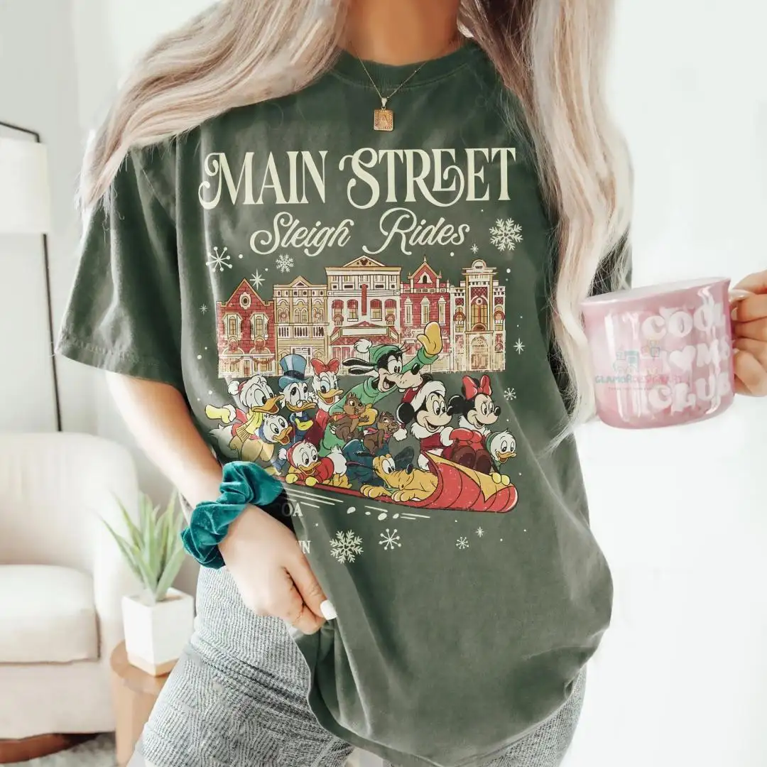 Vintage Main Street Sleigh Rides Disney Christmas Shirt, Disney Family Xmas, Disney Holiday Tee, Disney Mickey & Minnie Couple Sweatshirt