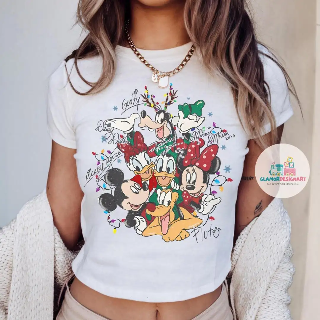 Mickey's Very Merry Christmas Party Baby Tee Crop Top Mickey And Friends Christmas Lights Shirt, Disneyland Xmas Disney Christmas Shirt