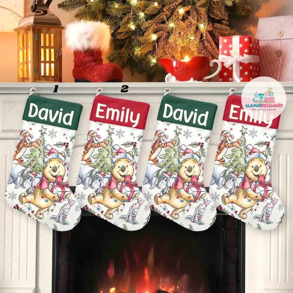 Personalized Winnie Pooh Stocking, Pooh Christmas Decor, Disney Character Christmas Stocking, Christmas Decoration, Stocking With Name