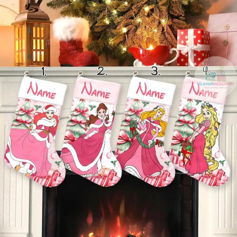 Disney Princess Christmas Stocking, Custom Name Stockings, Cartoon Movie Christmas Stockings, Characters Christmas Socks Home Decoration