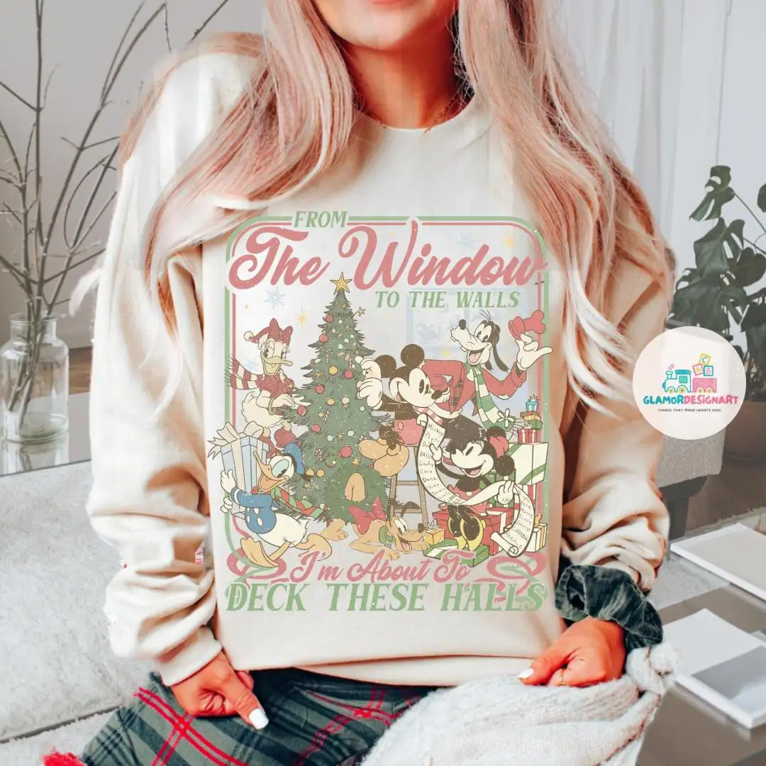 Retro Mickey and Friends From The Windows To The Walls I'm About To Deck These Halls Shirt, Christmas tree Shirt Disney Christmas Shirt