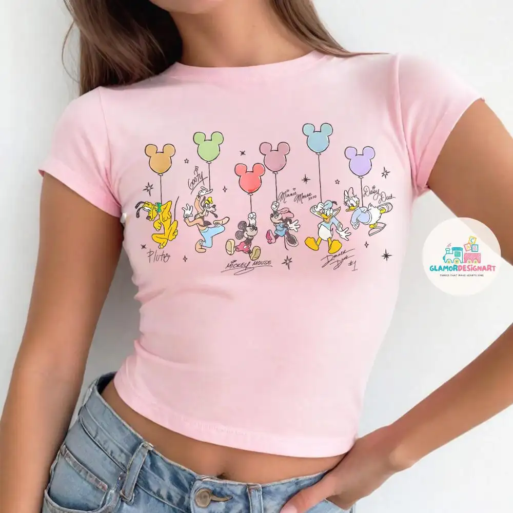 Retro Mickey and Friends Signatures Baby Tee Shirt, Disney Characters Tee, Disney Tee, Magical Shirt, Disney Balloon Tee, Mickey & Co Gift