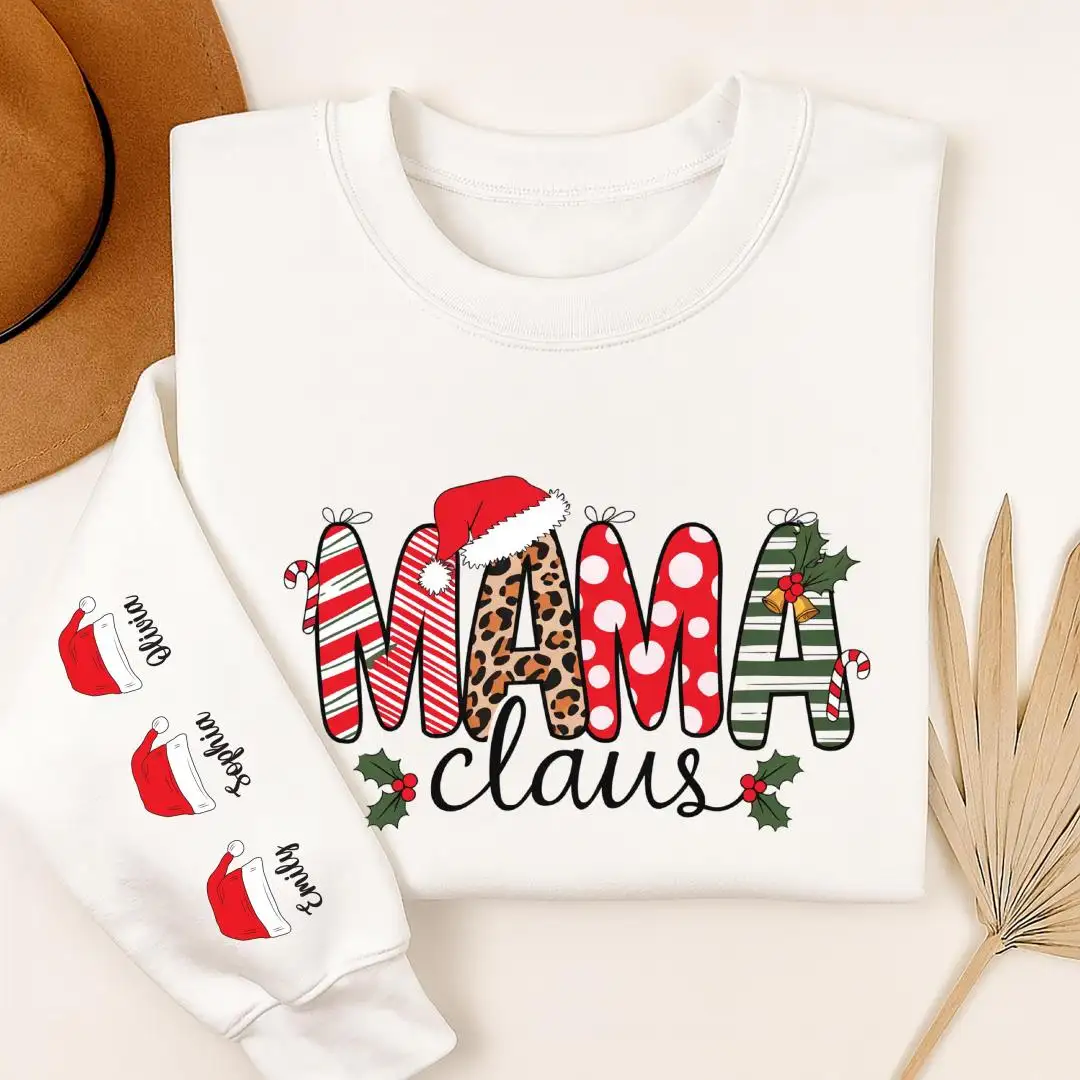 Mama Claus Sweatshirt, Merry Mama Shirt, XMAS Mommy Gift, Personalized Mama Hoodie, Christmas Mom Kids Names Shirt, Mother Holiday Sweater