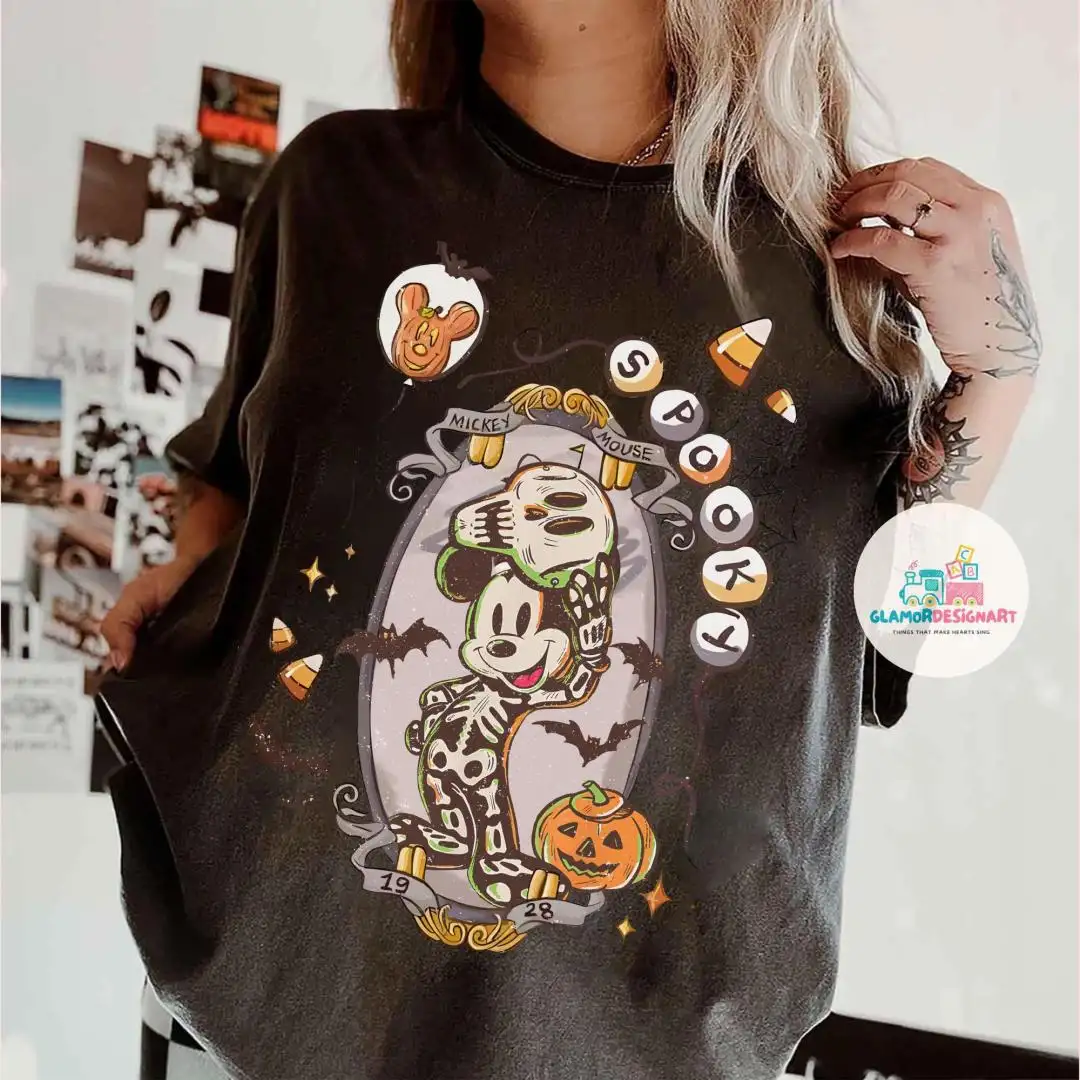 Retro Spooky Mickey Skeleton Halloween Comfort Color Shirts, Halloween Shirts, Disney Trip Halloween 2025, Mickey Skeleton Coquette Shirts