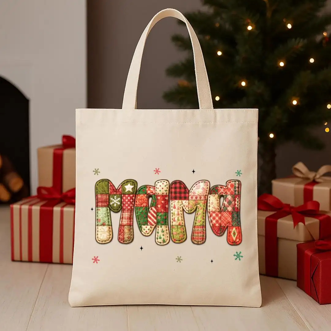 Christmas Mama Tote Bag, Merry Nana Christmas Totes, Winter Season Mama Holiday Tote Bags, Patchwork Custom Totes, XMAS Mom Gift Tote