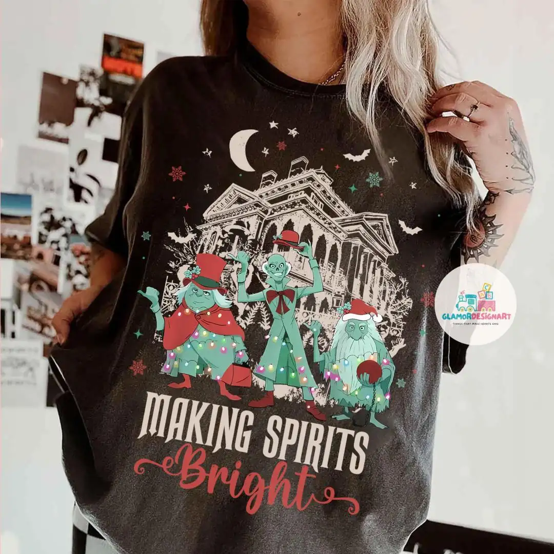 Making Spirits Bright Hitchhiking Ghosts Shirt, Goofy Merry Christmas Haunted Mansion Sweatshirt, Family Matching Halloween T-shirt