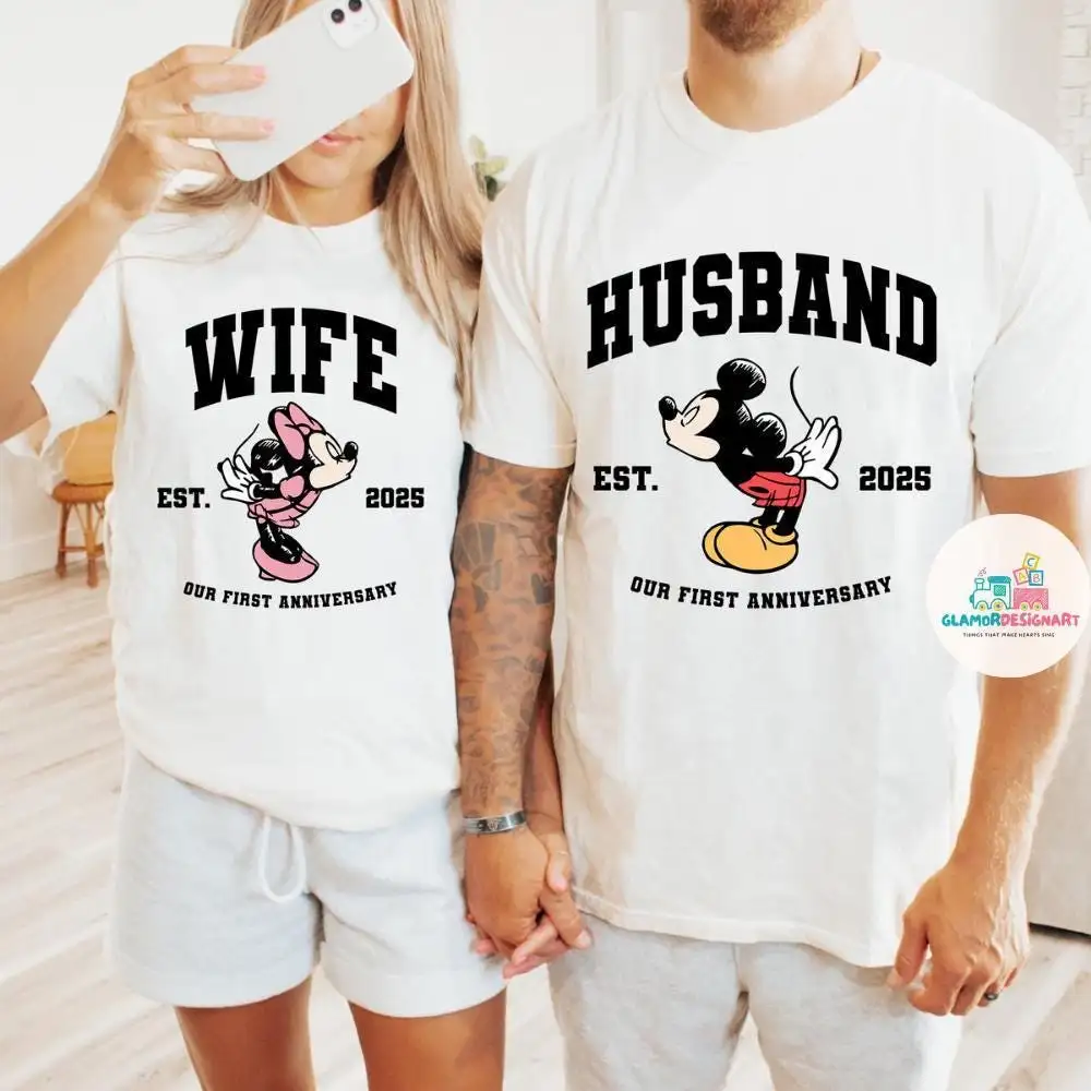 Custom Disney Anniversary Shirts Matching Couple Disneyworld Tee, First Anniversary Est Year Disneyland Tees, Wife Husband Disney Trip Shirt