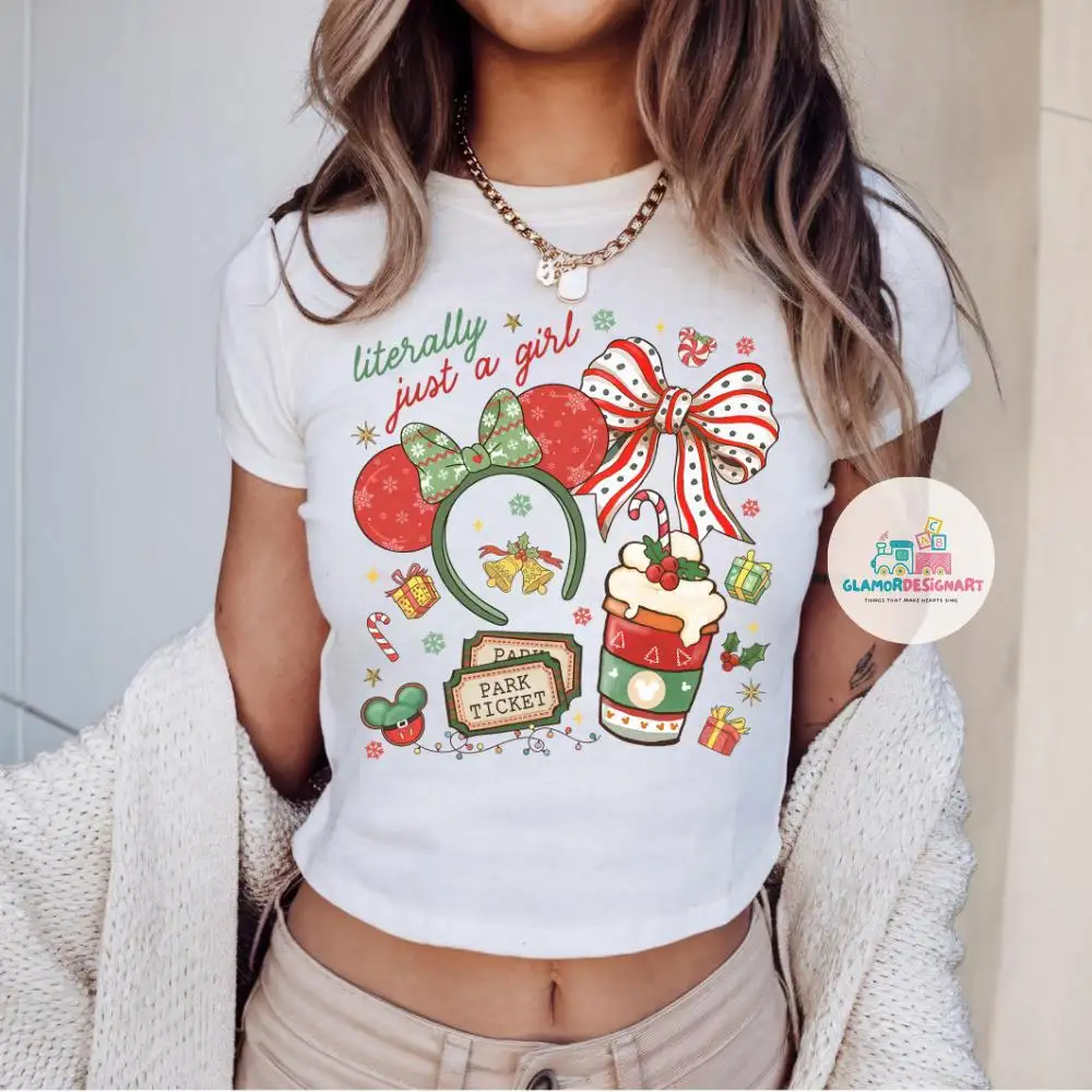 Literally Just A Girl Christmas Baby Tee Minnie Bow Coffee Baby Tee, Disney Christmas Shirt Disneyland Christmas Tee Disney Girl's Trip