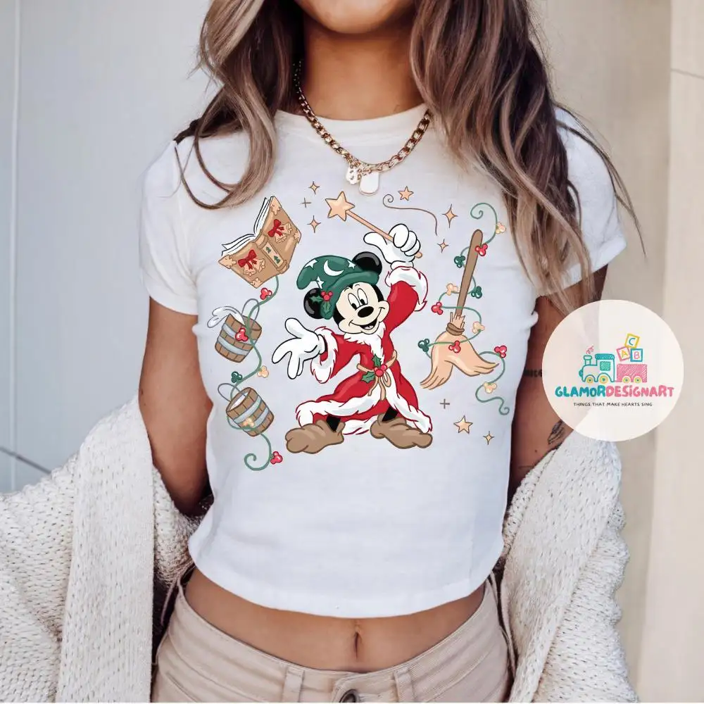 Coquette Disney Christmas Mouse Wizard Baby Tee Crop Top Mickey Wizard Baby Tee Fantasia Mickey Xmas Shirt Mickey Sorcerer Shirt