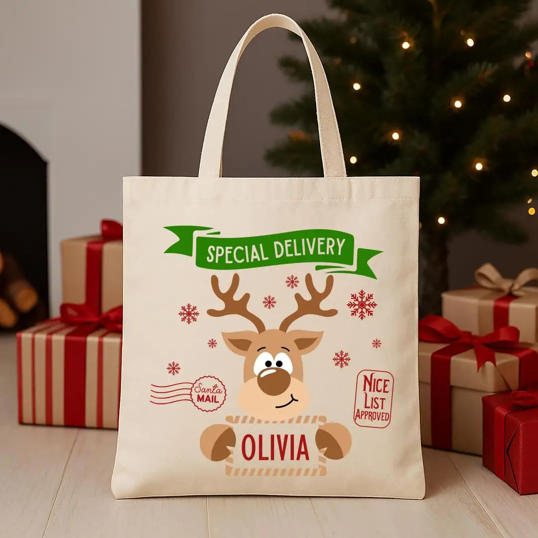 Reindeer Special Delivery Christmas Tote Bag, Santa Claus Delivery Totes, Custom Christmas Canvas Tote Bags, Personalized XMAS Kids Gift
