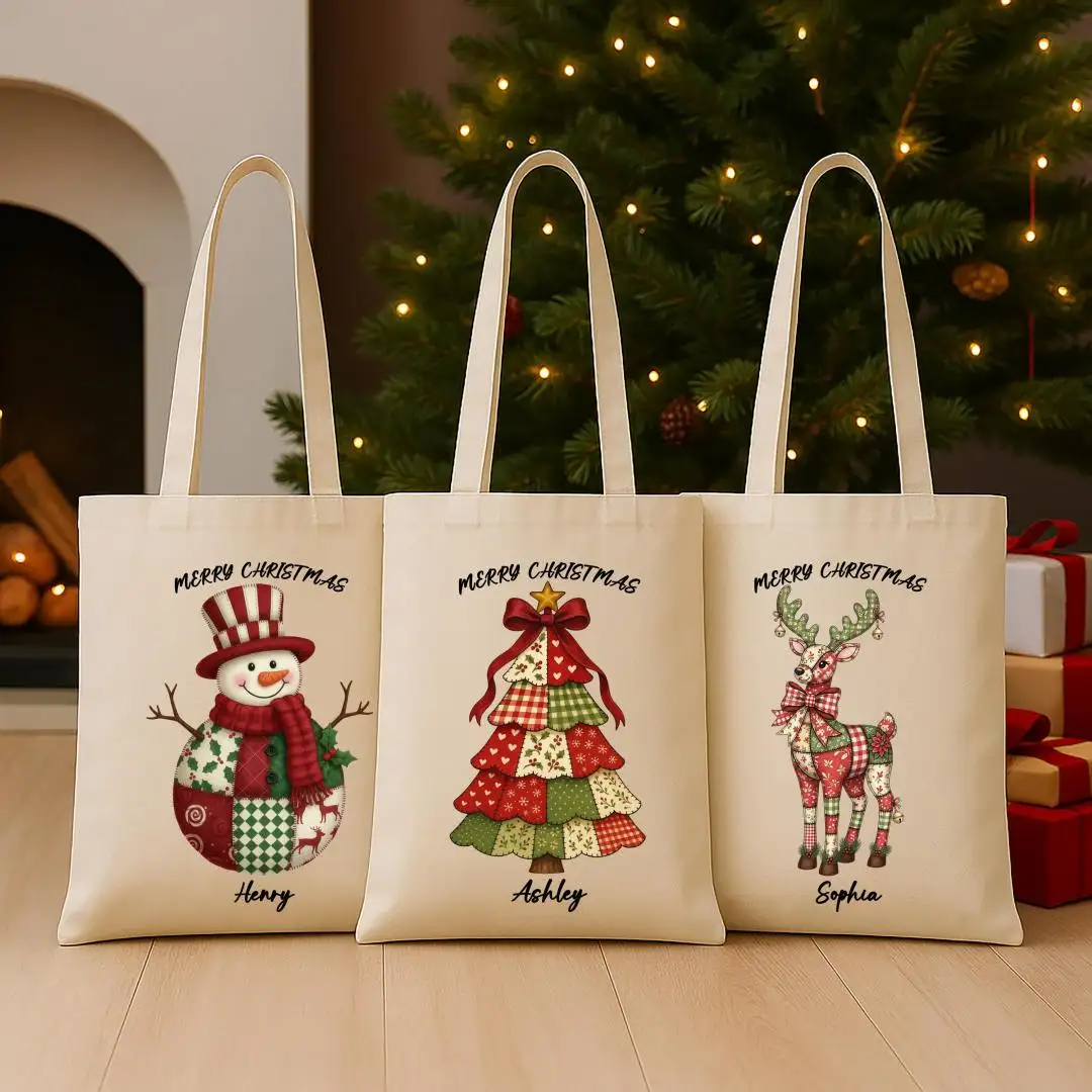 Personalized Christmas Tote Bag, Santa Claus Name Totes Bags, XMAS Reindeer Gift Tote, Custom Merry Christmas Bag, Patchwork Snowman Totes