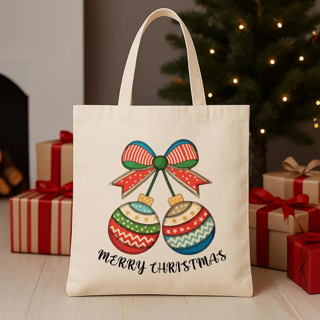 Christmas Patchwork Tote Bag, XMAS Gift Tote, Merry Christmas Totes, Christmas Canvas Tote, Winter Season Present Tote