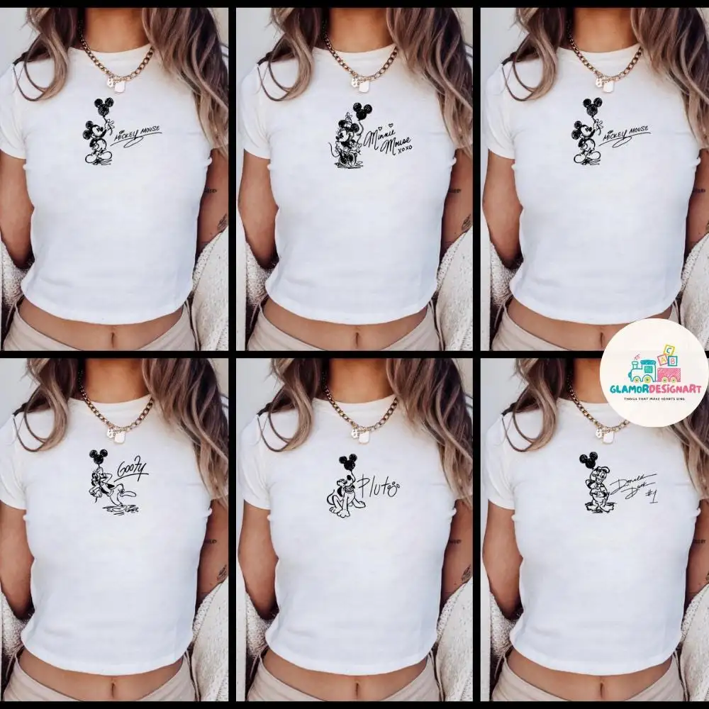 All character Disney signature Baby Tee Croptop shirt, Vintage Mickey Minnie Group matching shirt Women Baby Tee, Mickey & friends baby tee